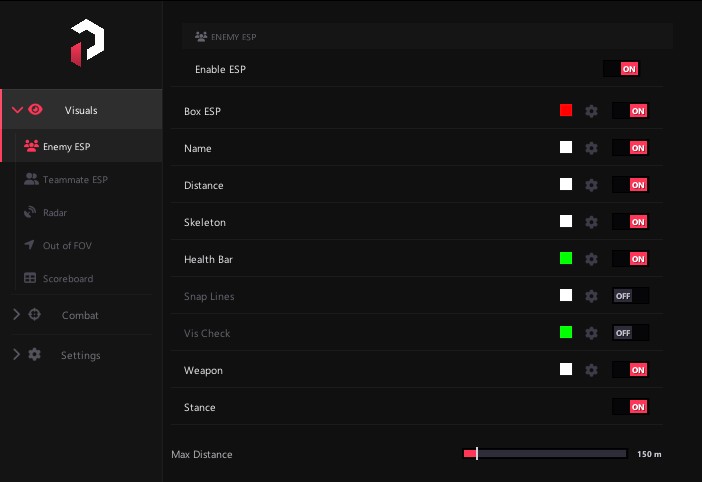 PureDMA Black Ops 7 menu — Enemy ESP settings