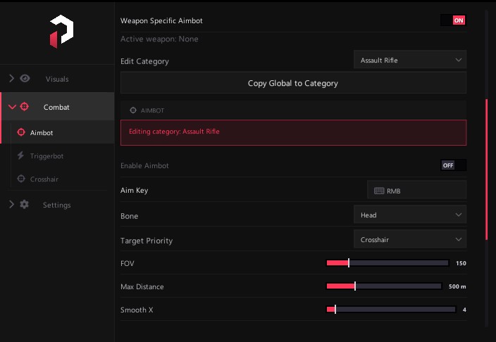 PureDMA Black Ops 7 menu — Aimbot settings with weapon profiles
