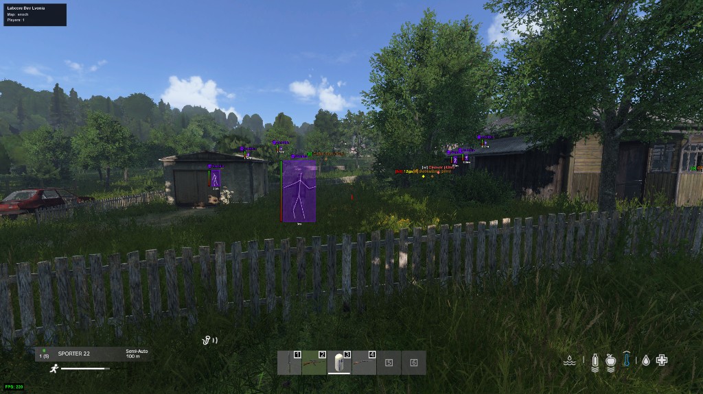 DayZ player ESP with skeleton, health bar, and distance labels