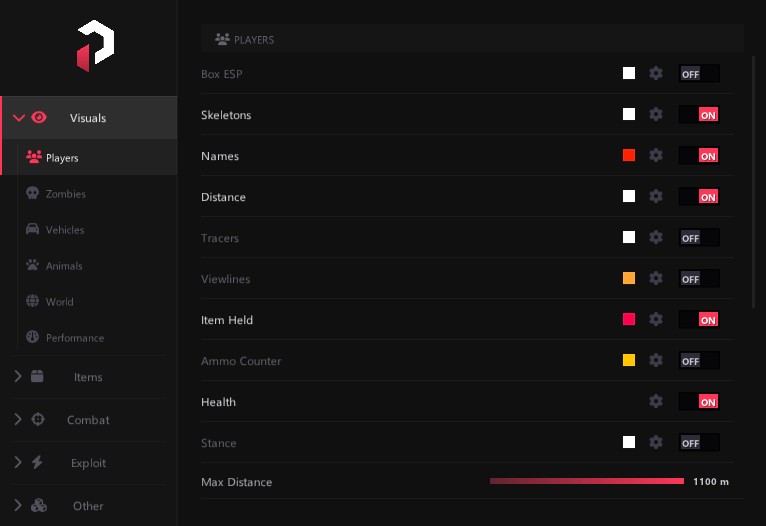 PureDMA DayZ menu — Visuals player ESP settings