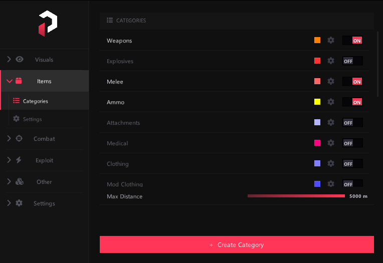 PureDMA DayZ menu — Item ESP categories