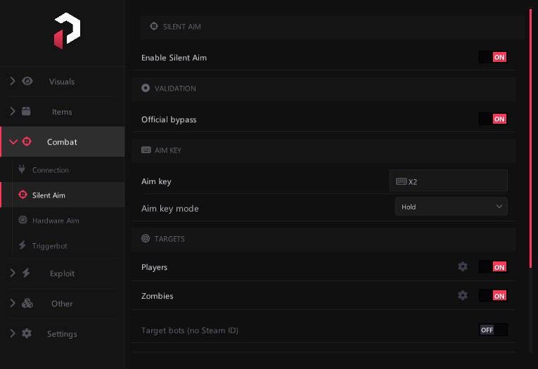 PureDMA DayZ menu — Silent aim settings
