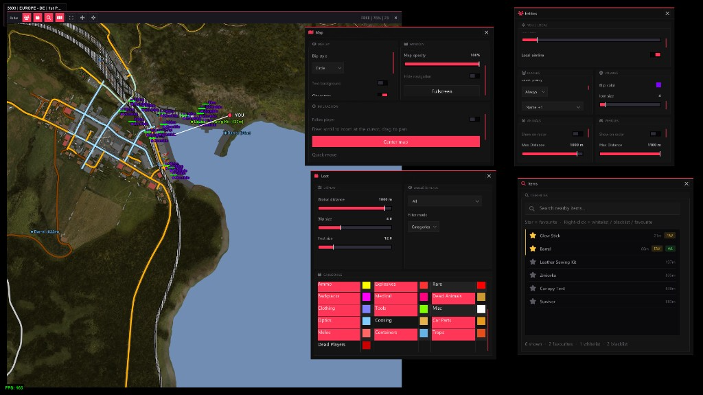 DayZ 2D radar with map, entities, loot categories, and nearby items