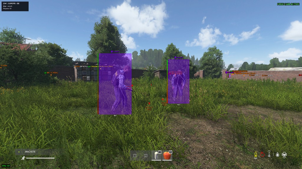 DayZ in-game zombie ESP with skeletons and loot labels