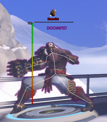 Overwatch close-up enemy ESP with skeleton, health bar, icon, and distance