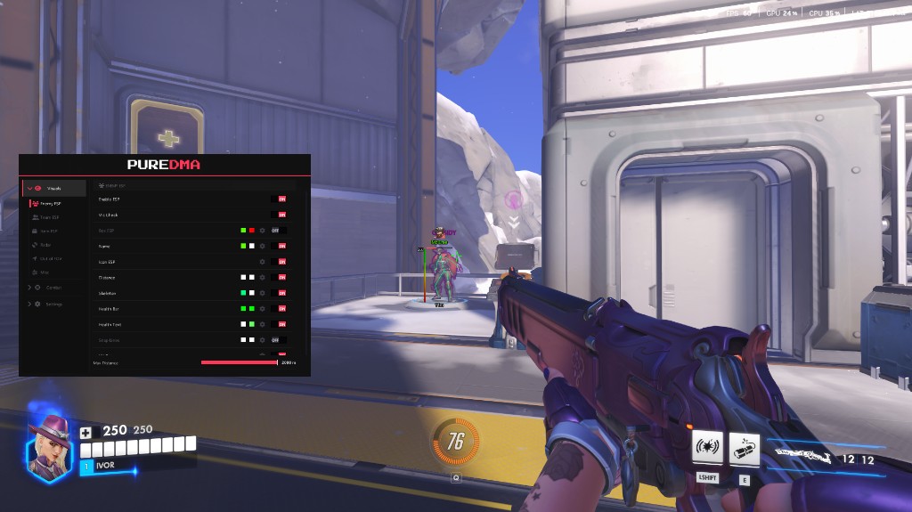 Overwatch enemy ESP showing Cassidy with skeleton and health bar