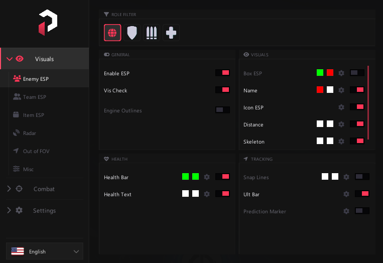 PureDMA Overwatch menu — Enemy ESP with role filter and visuals