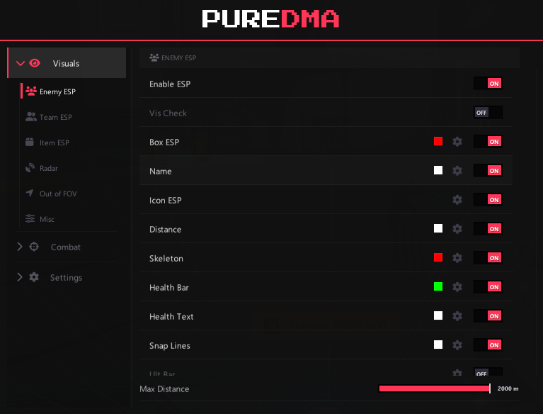 PureDMA Overwatch menu — Enemy ESP settings