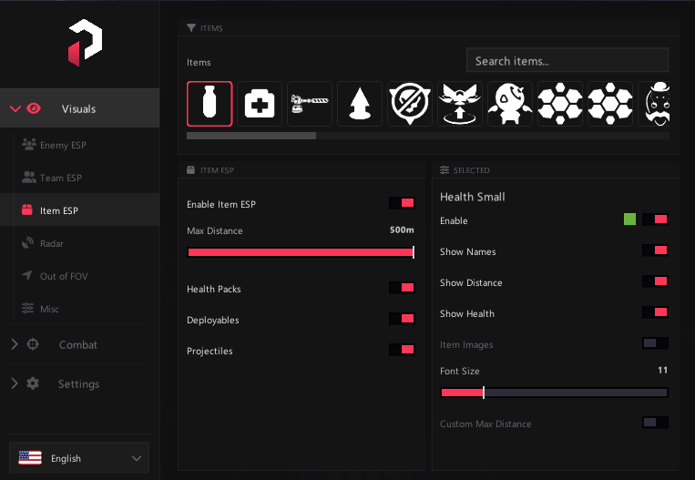 PureDMA Overwatch menu — Item ESP for health packs and deployables