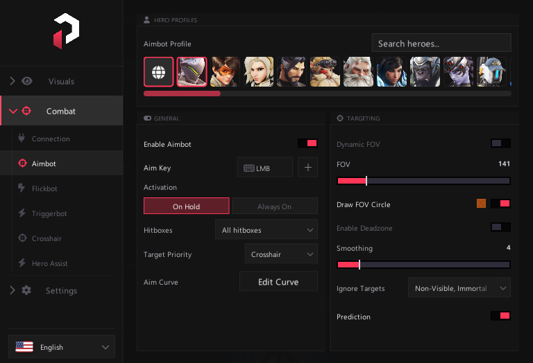 PureDMA Overwatch menu — Aimbot with per-hero profiles