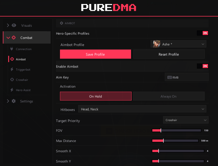 PureDMA Overwatch menu — Aimbot settings with hero profiles