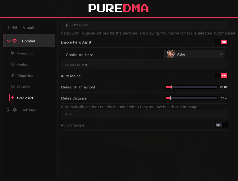 PureDMA Overwatch menu — Hero Assist settings