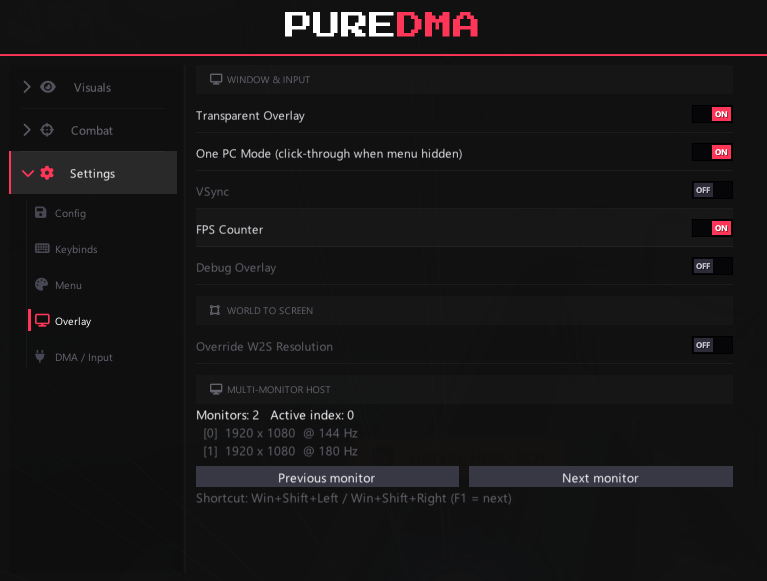 PureDMA Overwatch menu — Overlay and monitor settings