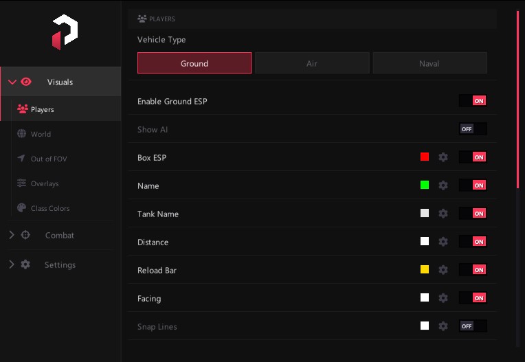 PureDMA WT menu — Players Ground ESP settings