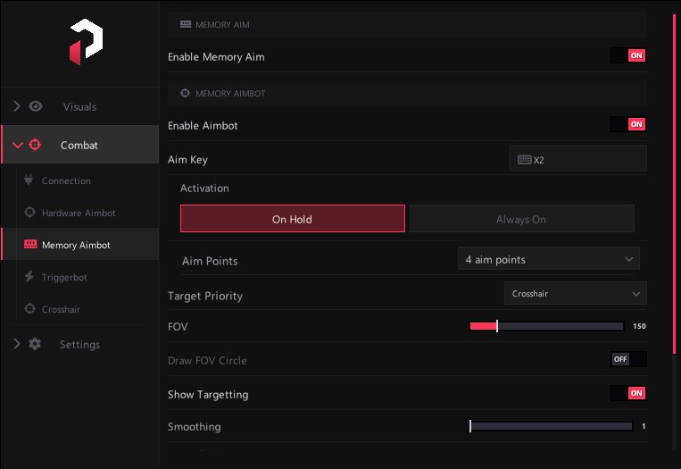 PureDMA WT menu — Memory Aimbot settings