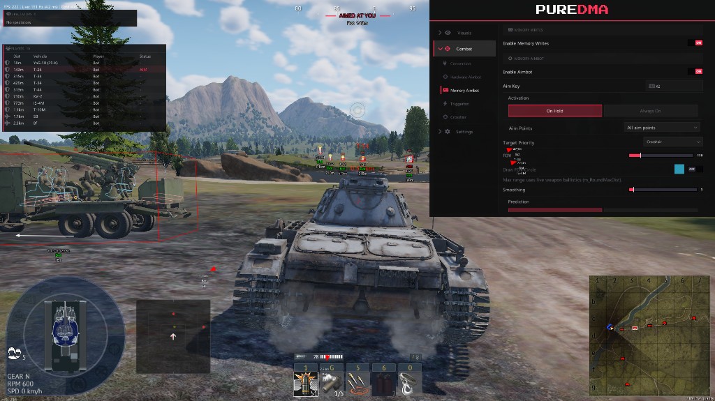 WT in-game with PureDMA menu and ESP overlays